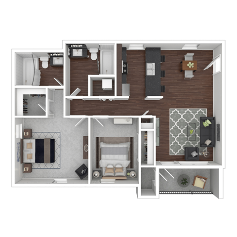 Floor plan for 2 beds, 2 baths, 956 sqft